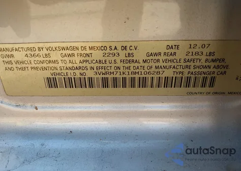 2008 Volkswagen Jetta Se/Sel z USA, uszkodzony, nr VIN 3VWRM71K18M106287